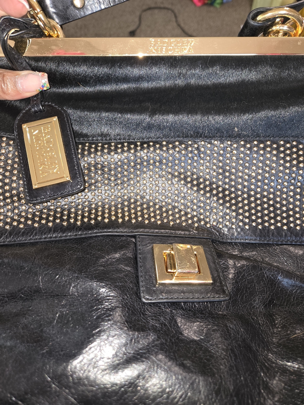 Badgley Mischka Black Leather Shoulder Bag with Gold Hardware